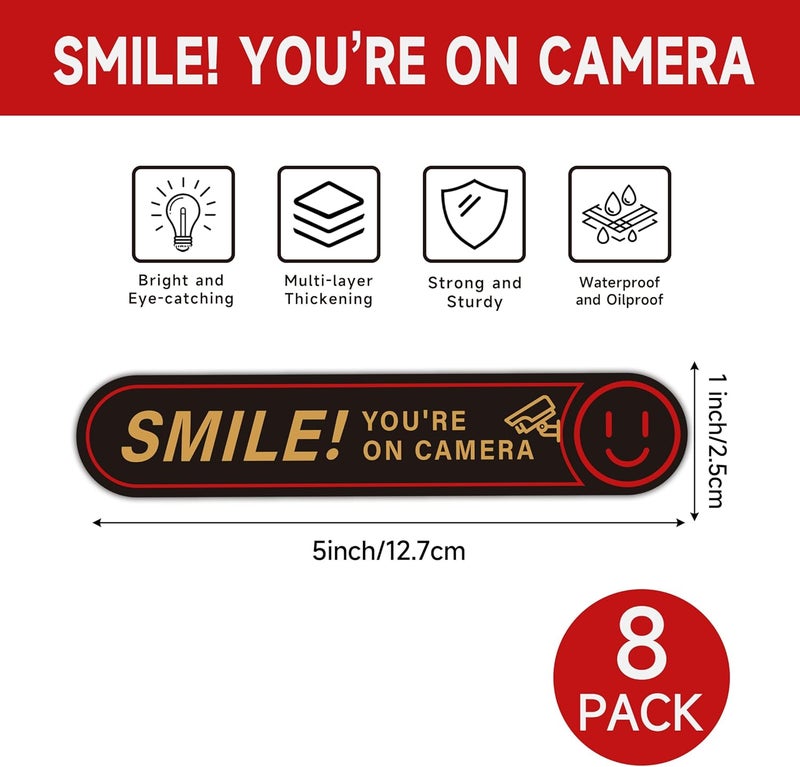 LUHIMO 8PCS Smile You're On Camera Sticker, Self Adhesive Waterproof Durable Video Surveillance Sign Sticker for Car, Security Camera Sign for Home, Business, Cars and Window（5" x 1"） - Image 3